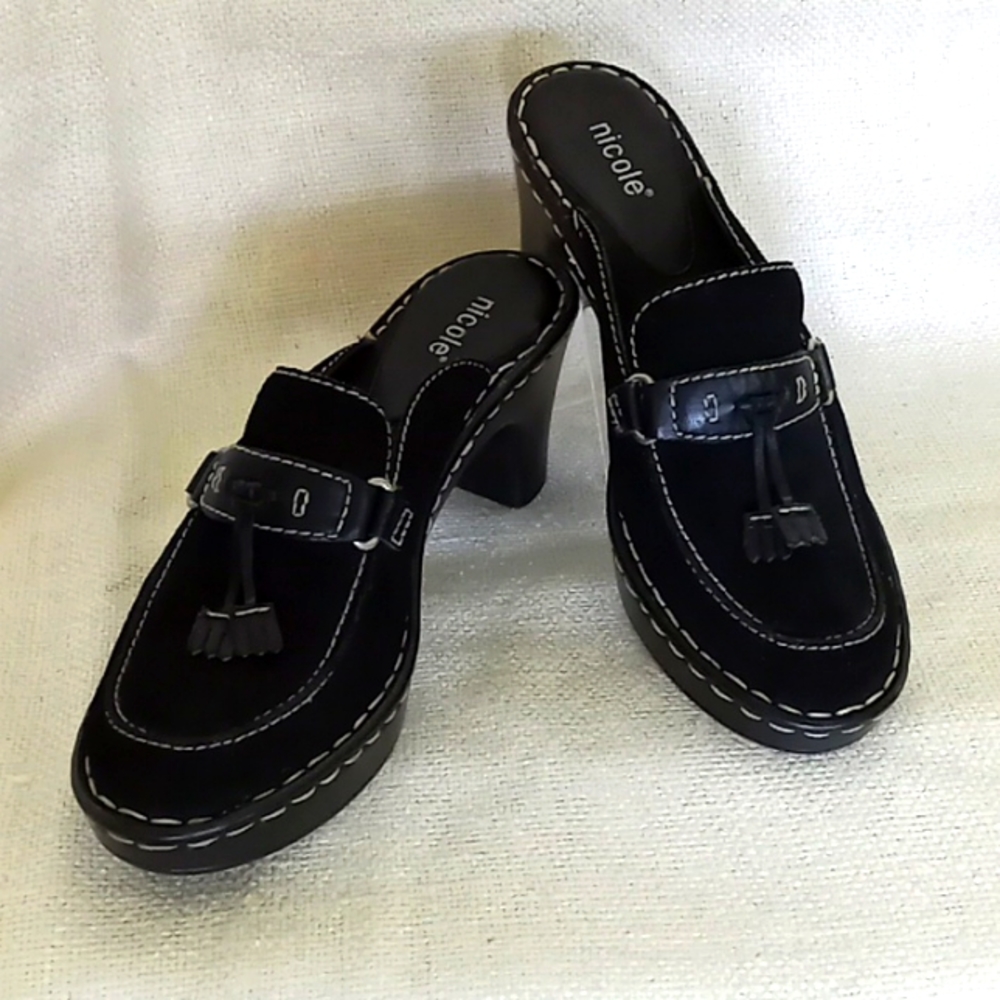 EUC Nicole Markie Tassel Detail Black Suede Mules